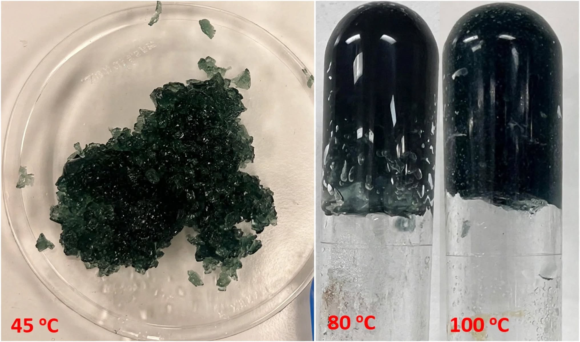 Comparison shots of samples at 45, 80 and 100 degrees Celsius